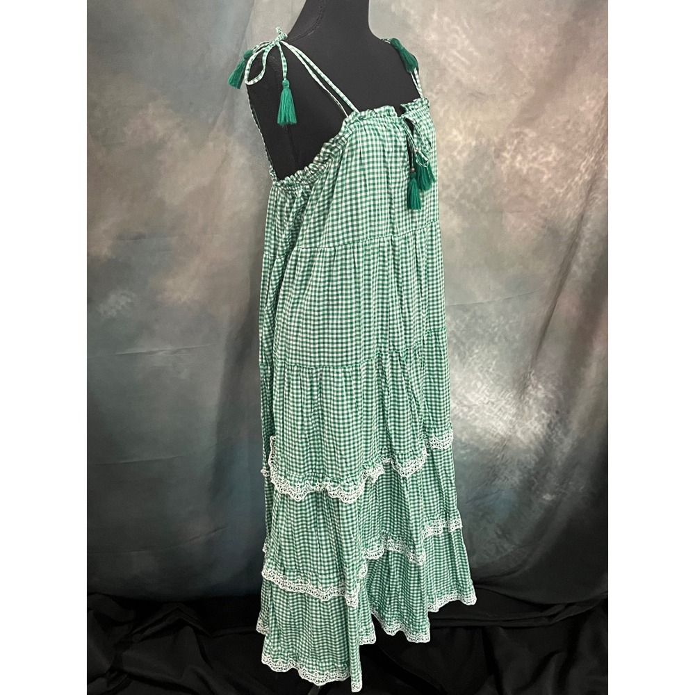 J.Crew Green Gingham Tiered Cotton Midi Dress Lace Trim Tassels Womens Large - Picture 3 of 9